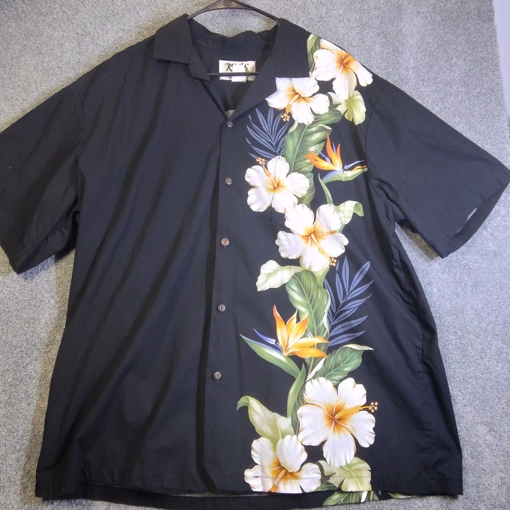 KY's Hawaiian Shirt Black Floral Mens XL Cotton Made In Hawaii Vacation Flower